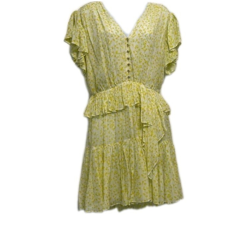 The Kooples Yellow Ditsy Floral Print V-Neck Short Sleeve Frilled Mini Dress